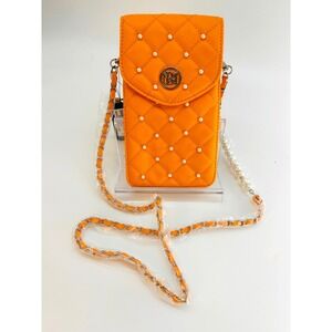 NWT Badgley Mischka Yellow Quilted Vegan Leather Phone Crossbody Pearl Strap